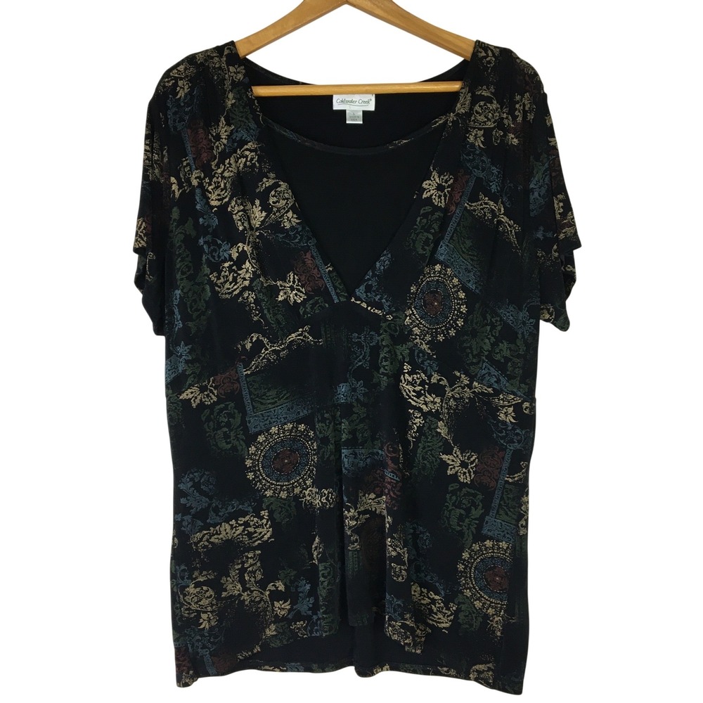 Coldwater Creek Short Sleeve Dark Floral Print Black V-Neck Babydoll Top‎ Size L
